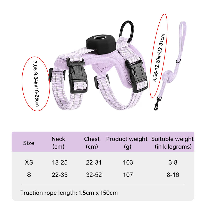 Reflective Escape-Proof Cat Harness – Adjustable Vest with Built-in AirTag Holder for Outdoor Walking